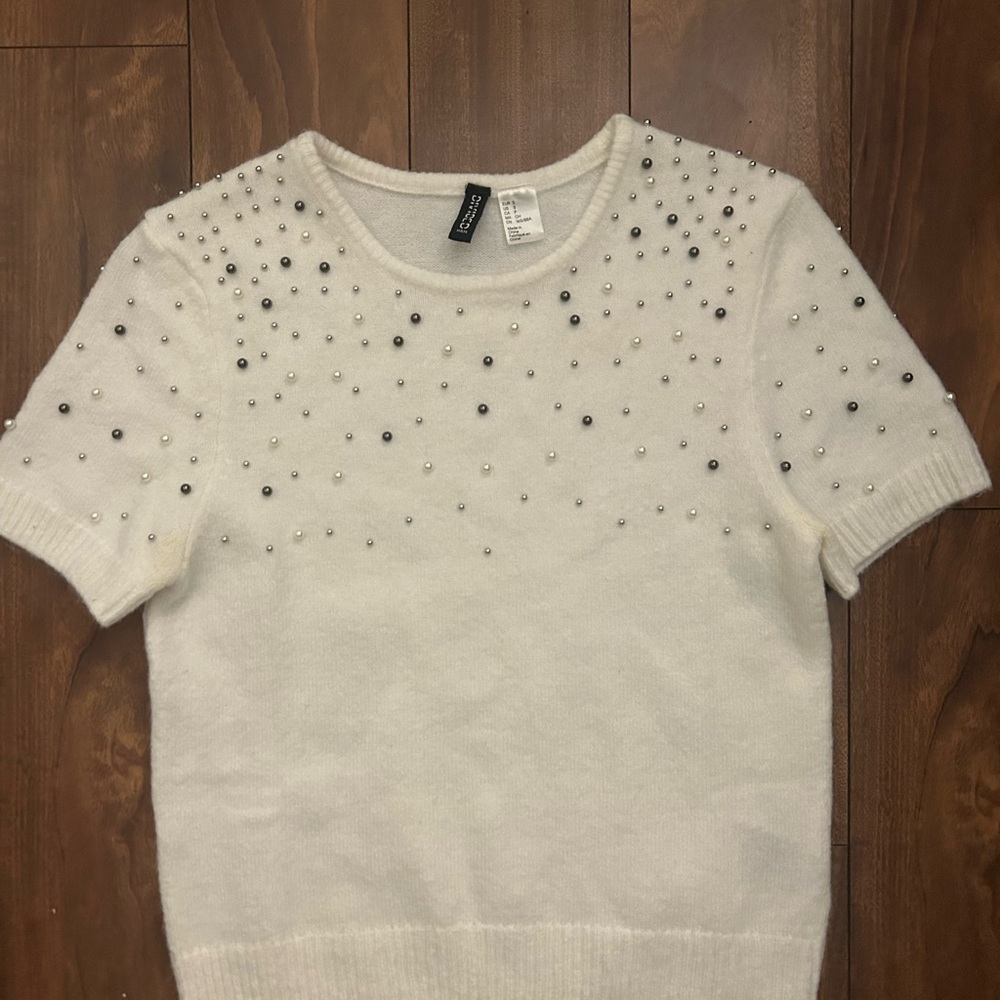 H&M Cream Beaded Crewneck Knit Top